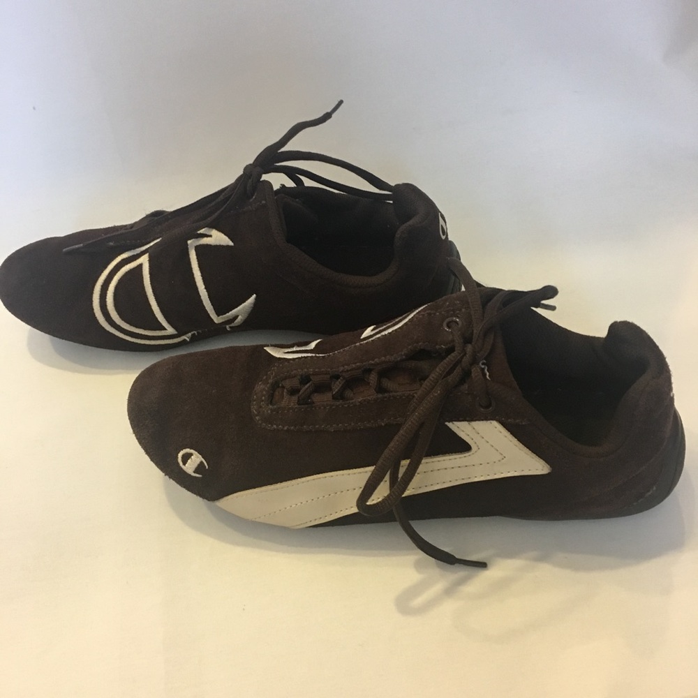Champion leather Sneakers | Chocolate Brown Suede & White Stripe detail | size 9